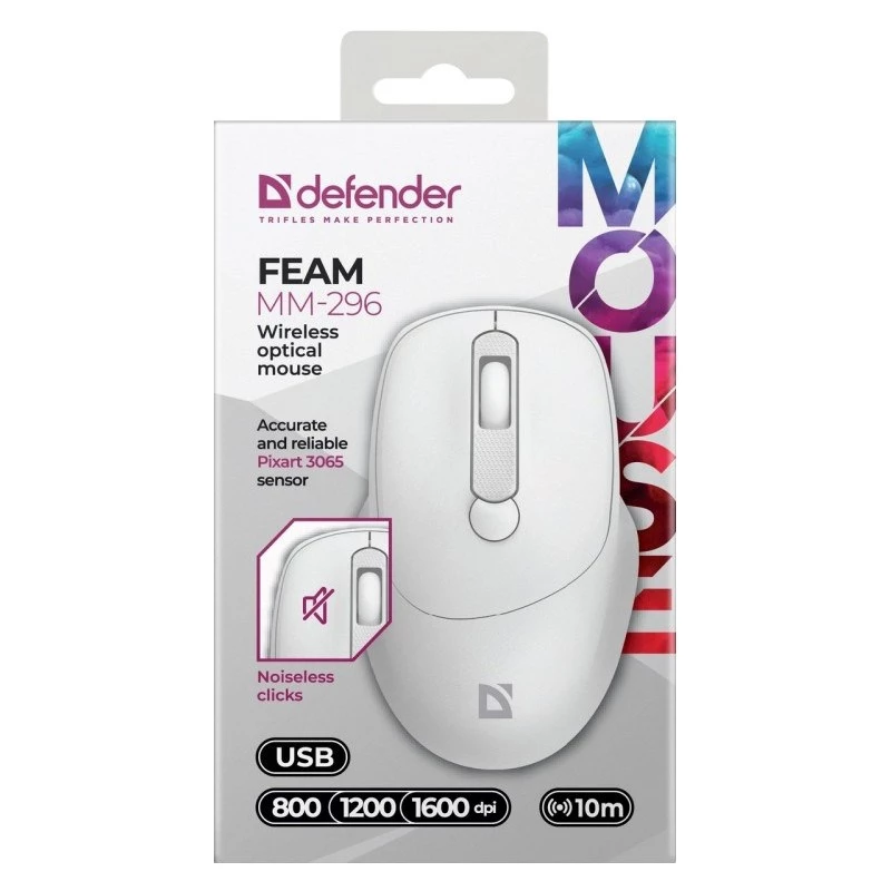 Belaidė pelė DEFENDER 52297 Silent Click — abiem rankoms tinkama, 2,4 GHz nano USB, 1600 DPI, balta