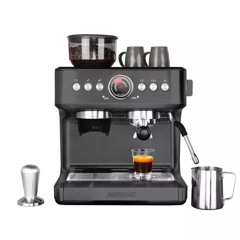 Kavos aparatas GASTROBACK Design Advanced Urban Duo — pilnai automatinis, 2,8 L vandens bakelis, įmontuotas malūnėlis, 250 g pupelių talpykla, 3000 W, juodas