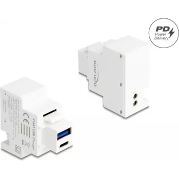 DELOCK Keystone modulis su USB Type-A ir USB Type-C įkrovimo lizdu PD 20 W baltas