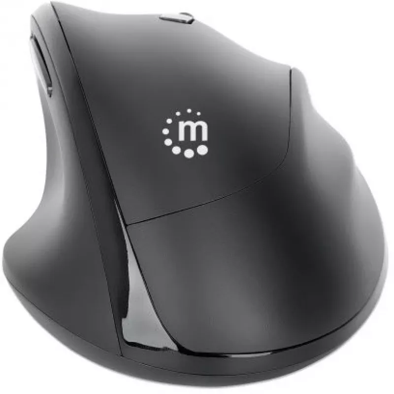 „Manhattan“ ergonominė belaidė pelė, dešiniarankiams, reguliuojama 800/1200/1600 dpi, 2,4 GHz (iki 10 m), šeši mygtukai su slinkties ratuku, kombinuotas USB-A ir USB-C imtuvas, juoda, AA baterija (pridedama), trejų metų garantija