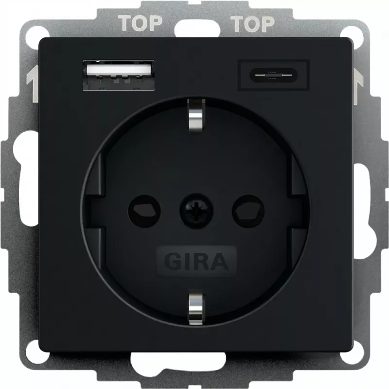 gira maitinimo lizdas su USB lizdu, modelis 2459005, juodos spalvos apdaila