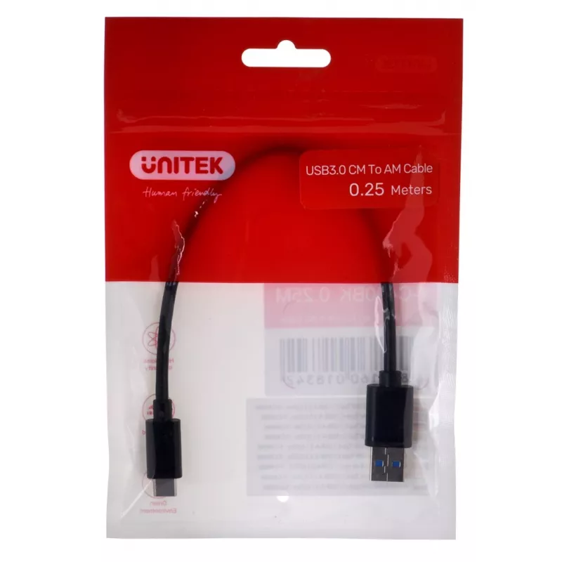 USB-C – USB-A laidas Unitek Y-C490BK 3.1 Gen1 (USB 3.0), 0,25 m, juodas, vyriškas–vyriškas