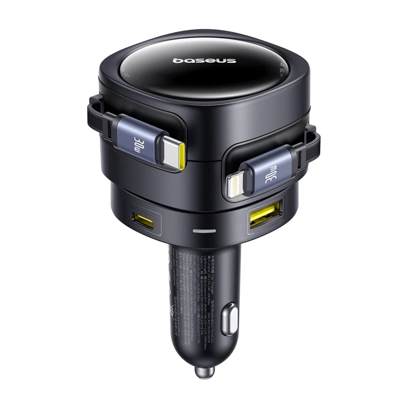 Automobilinis įkroviklis Baseus Enjoyment Max 90W su USB-C, Lightning ir USB-A prievadais