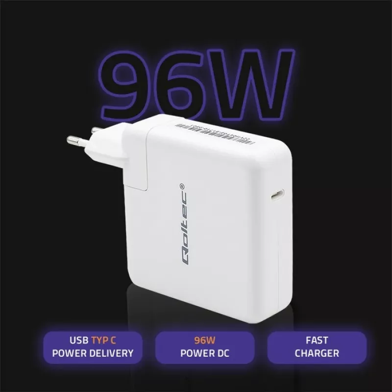 Maitinimo įkroviklis QOLTEC 51709, 96W USB-C PD, išėjimo diapazonas 5V–20V