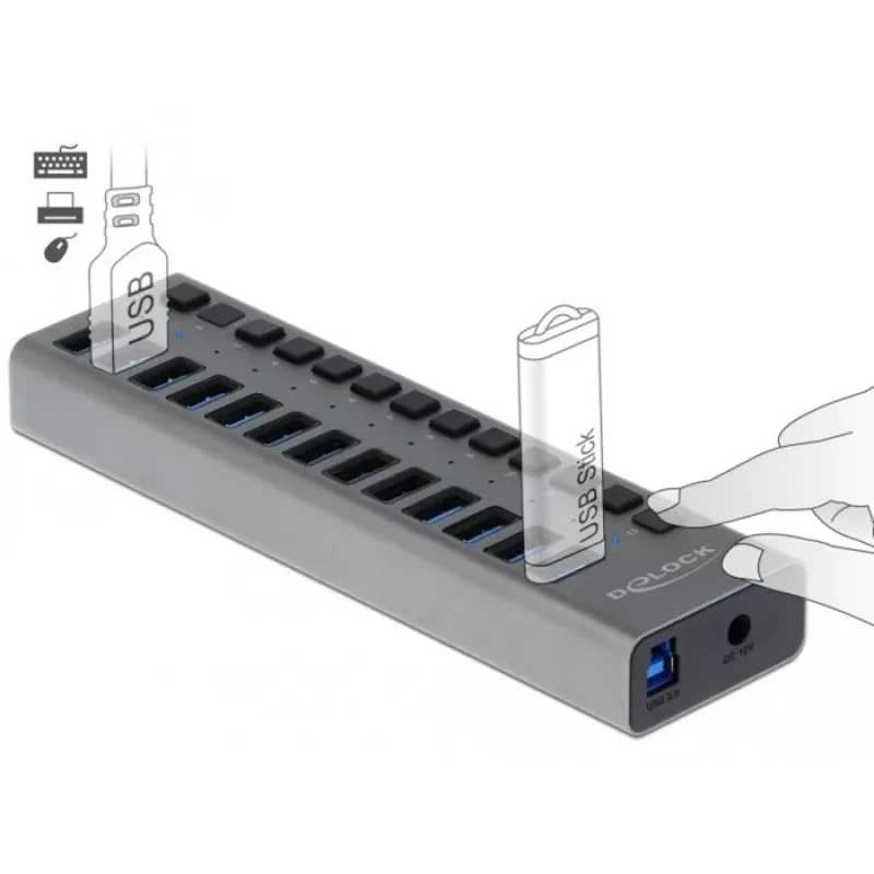 DeLOCK išorinis USB 5 Gbps šakotuvas su 13 prievadų + jungikliu, USB 3.2 Gen 1 (3.1 Gen 1) Type-B, USB 3.2 Gen 1 (3.1 Gen 1) Type-A, 5000 Mbit/s, pilkas, aliuminis, 1 m