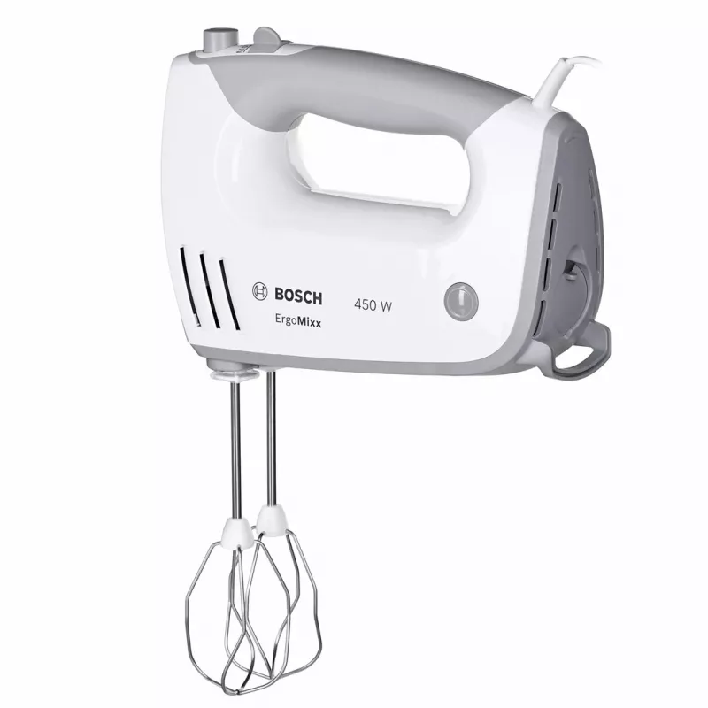 Rankinis plaktuvas Bosch MFQ36480 – 450 W, 5 greičių su turbo, pilka/baltas, plakikliai ir tešlos kabliai