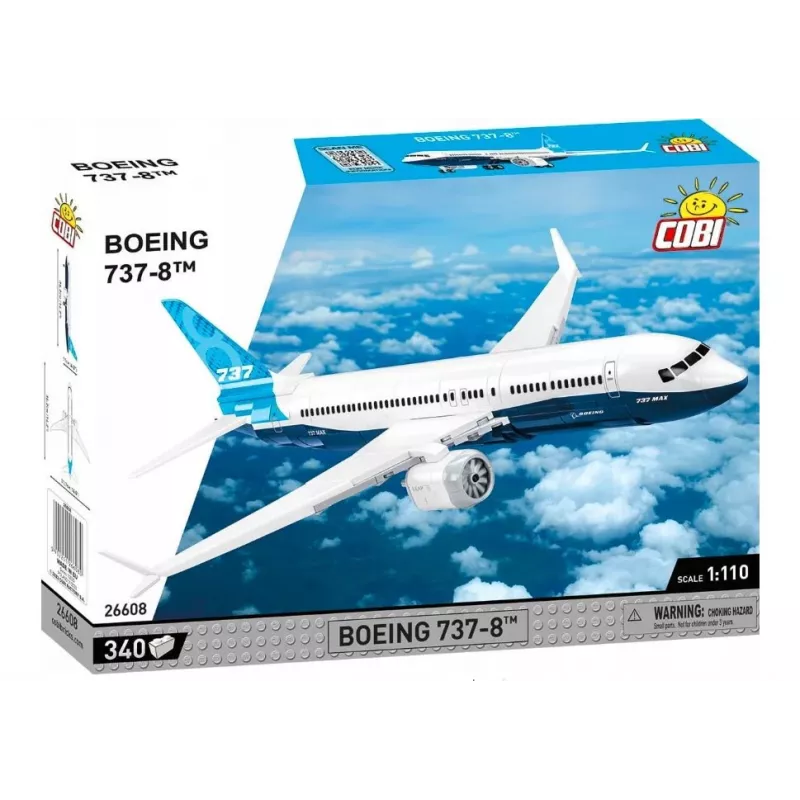Statybinis rinkinys Cobi Boeing 737-8 — 340 detalių, rekomenduojamas amžius 7+, mėlyna ir balta