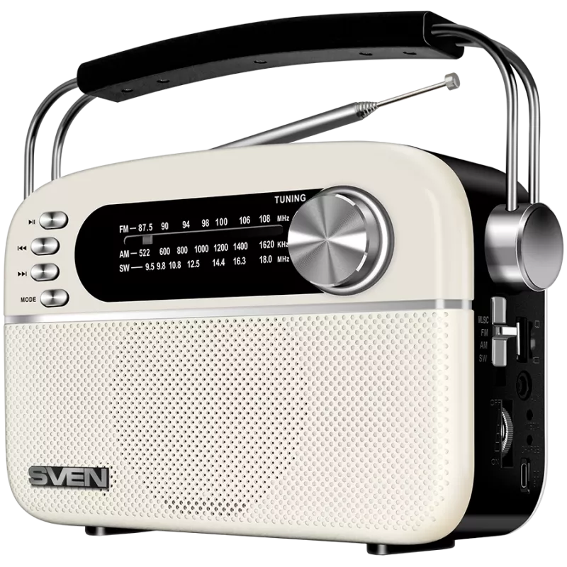 Garsiakalbis SVEN SRP-505, baltas (3 W, Bluetooth, FM/AM/SW, USB, microSD, AUX, baterija)