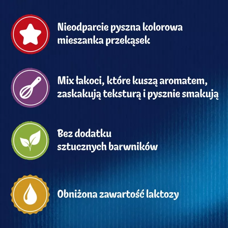 Kačių skanėstai Felix Party Mix Dairy Delight 60 g — traškūs pieno skonio užkandžiai suaugusioms katėms, baltymai 35%, riebalai 19,5%