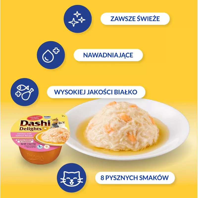 Šlapias kačių skanėstas INABA Dashi Delights vištienos su lašiša sultinyje 70 g – žuvies skanėstas, be grūdų, sojos ir glitimo