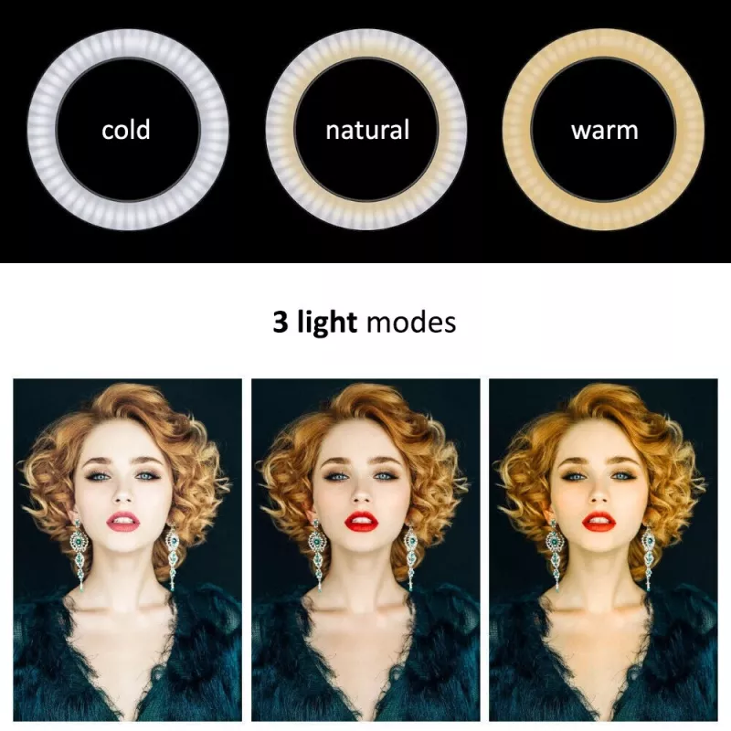 Maclean MCE610 10 12W LED žiedinis apšvietimas su trikoju stovu ir Bluetooth užraktu, 3 spalvos, 10 ryškumo lygių, 10%–100% reguliuojamas ryškumas, 160 LED, išmaniojo telefono laikiklis
