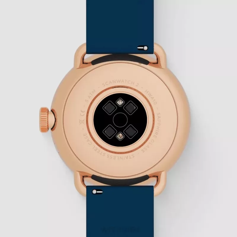 Withings ScanWatch 2 - Laikrodis su EKG, širdies ritmo, SpO2, aktyvumo ir miego stebėjimu (38 mm, mėlynas rožinis auksas)
