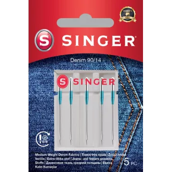 SINGER siuvimo mašinos adatos Denim 90/14, 5 vnt. pakuotė — skirtos sunkiems audiniams (džinsui, drobei)