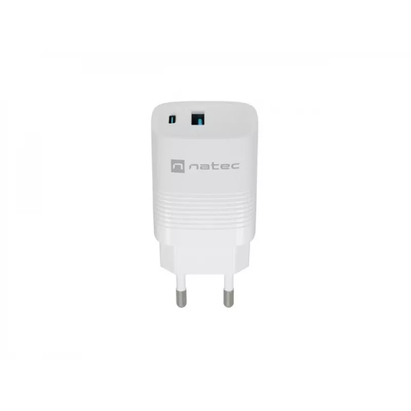 Laidinis mobiliųjų įrenginių įkroviklis NATEC NUC-2140, 30W, USB-C PD 3.0 + USB-A, Samsung AFC, Baltas