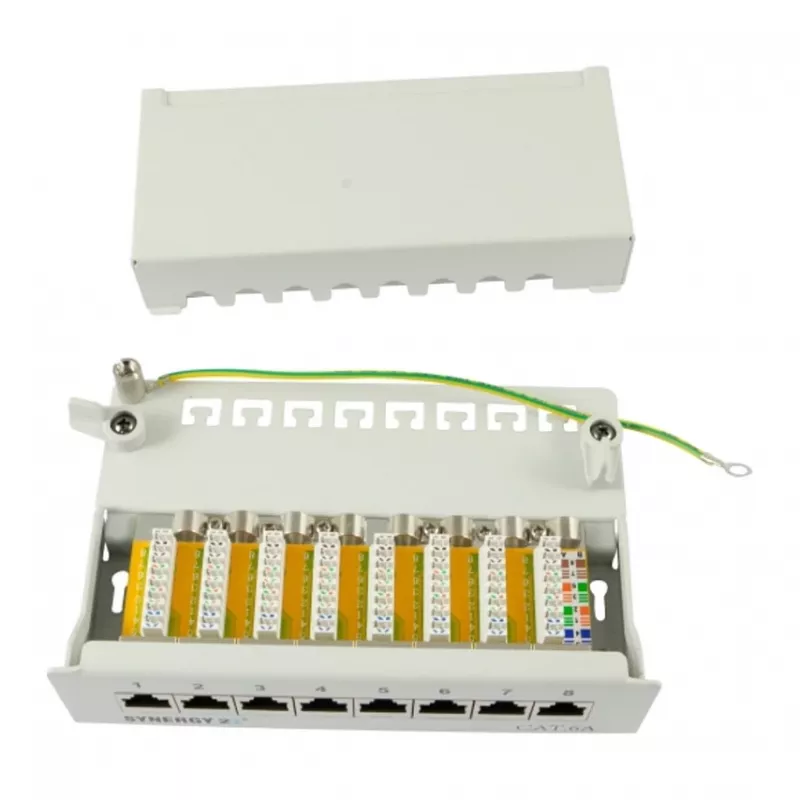 Patch panel 8xTP, CAT6A, 500Mhz, paviršinio montavimo, šviesiai pilka, Syner (S216314)