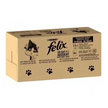 Šlapias kačių maistas Purina Felix daug baltymų 100 g pakelis — žuvies ir vištienos skonio, suaugusioms katėms, pakuotėje 120 vnt.