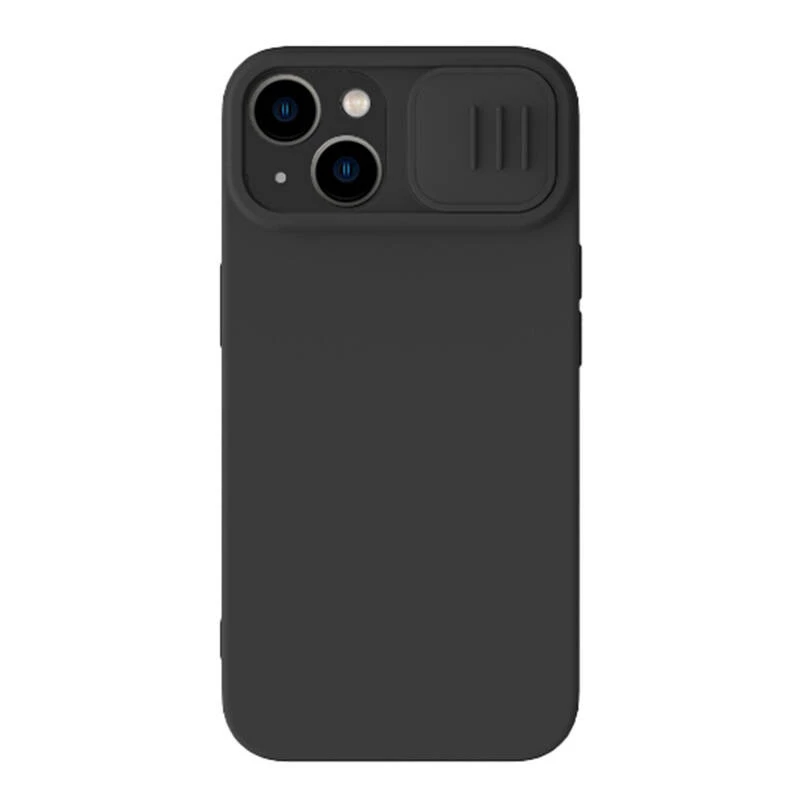 Telefono silikoninis dėklas Nillkin CamShield, skirtas iPhone 15 Plus — juodas, su integruota slankiojančia kameros apsauga