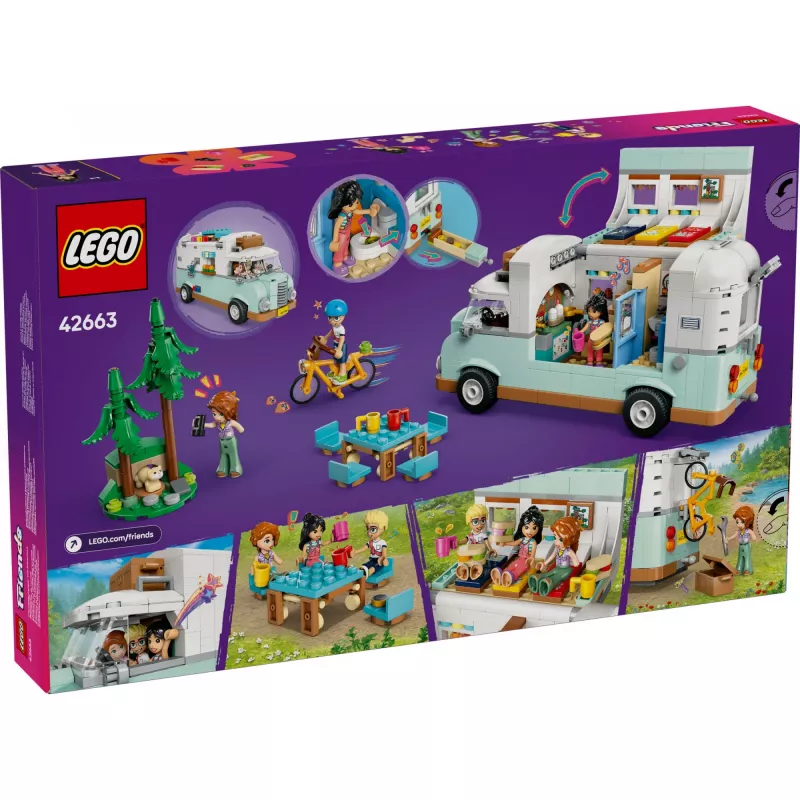 LEGO Motor Home rinkinys 42663 — LEGO Friends kemperis, 778 dalys, 3 mini lėlės, amžius 7+