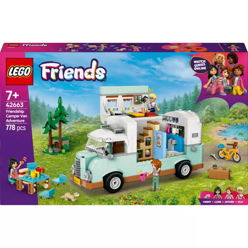 LEGO Motor Home rinkinys 42663 — LEGO Friends kemperis, 778 dalys, 3 mini lėlės, amžius 7+