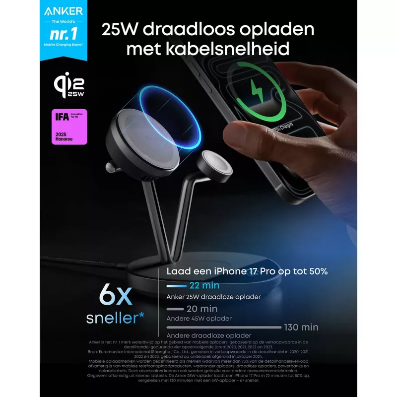 Anker Prime belaidė įkrovimo stotelė Qi2.2 25W belaidis įkrovimas (3-in-1, MagGo, AirCool, Dock stovas) su maitinimo bloku