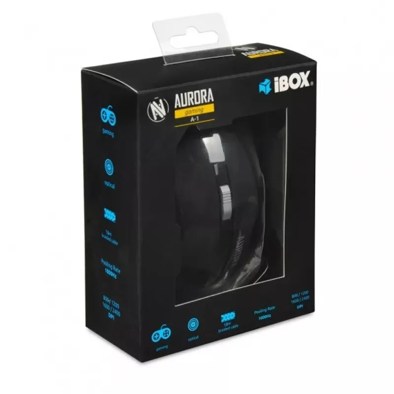 Laidinis optinis pelė IBOX Aurora A-1 — dešiniarankiams, 6 mygtukai, 2400 DPI, USB Type-A, LED apšvietimas, 1,8 m laidas