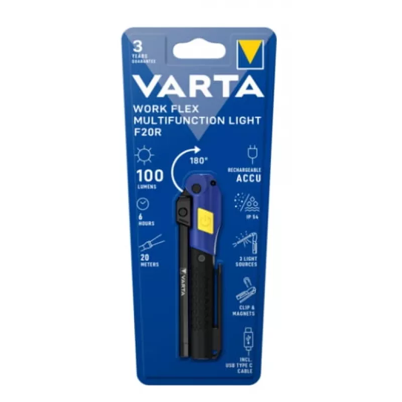 Rankinis darbo žibintas Varta Work Flex Juoda LED, 100 lm, integruota baterija, 6 val., aliuminis/nailonas/polikarbonatas/guma, 120 mm