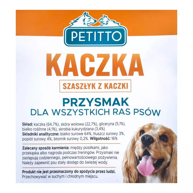 Šunų skanėstai PETITTO Duck Kebab 500 g — antienos skonio minkšti dresūros kąsneliai, 64 % baltymų, 3 % riebalų, be glitimo ir cukraus
