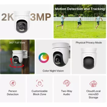 IP apsaugos kamera MERCUSYS MC510 kupolinė 2 MP, 2304×1296, 30 fps, Wi‑Fi ir Ethernet, IR naktinis matymas, montavimas ant lubų, balta