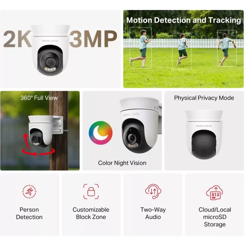 IP apsaugos kamera MERCUSYS MC510 kupolinė 2 MP, 2304×1296, 30 fps, Wi‑Fi ir Ethernet, IR naktinis matymas, montavimas ant lubų, balta