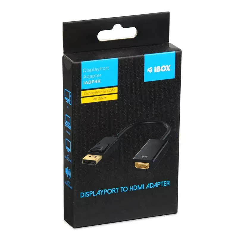 DisplayPort į HDMI kabelio adapteris IBOX iadp4k — DisplayPort (kištukas) į HDMI (lizdas), tiesios jungtys, 4K palaikymas, sidabrinis