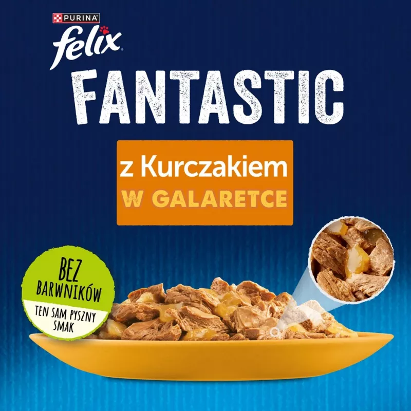 Šlapias kačių maistas Felix PURINA maišeliuose po 85 g — vištienos skonio, suaugusioms katėms, 82 % drėgmės, 11,5 % baltymų