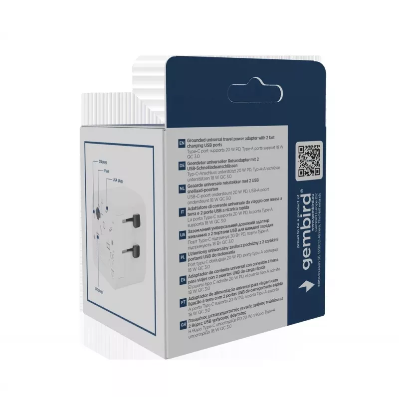Kelioninis maitinimo adapteris GEMBIRD TPA-EU1A1C20-01-W 20W, USB-A 18W + USB-C 20W, Schuko lizdas, įėjimas 100–250V