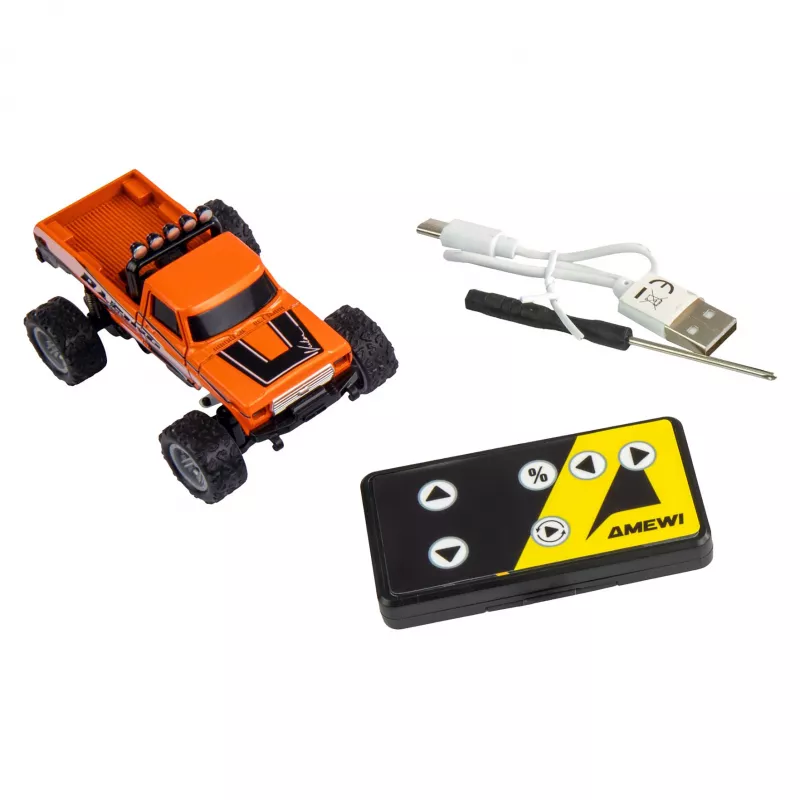 Nuotolinio valdymo monstrų sunkvežimis Amewi DieCast 1:64 RTR oranžinis, lieto metalo kėbulas, paruoštas naudojimui