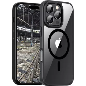Apsauginis korpusas BackCase jt berlin Hybrid MagSafe, skirtas Apple iPhone 16 Pro Max — juodas permatomas