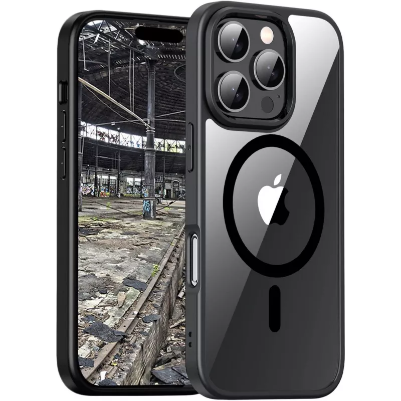 Apsauginis korpusas BackCase jt berlin Hybrid MagSafe, skirtas Apple iPhone 16 Pro Max — juodas permatomas