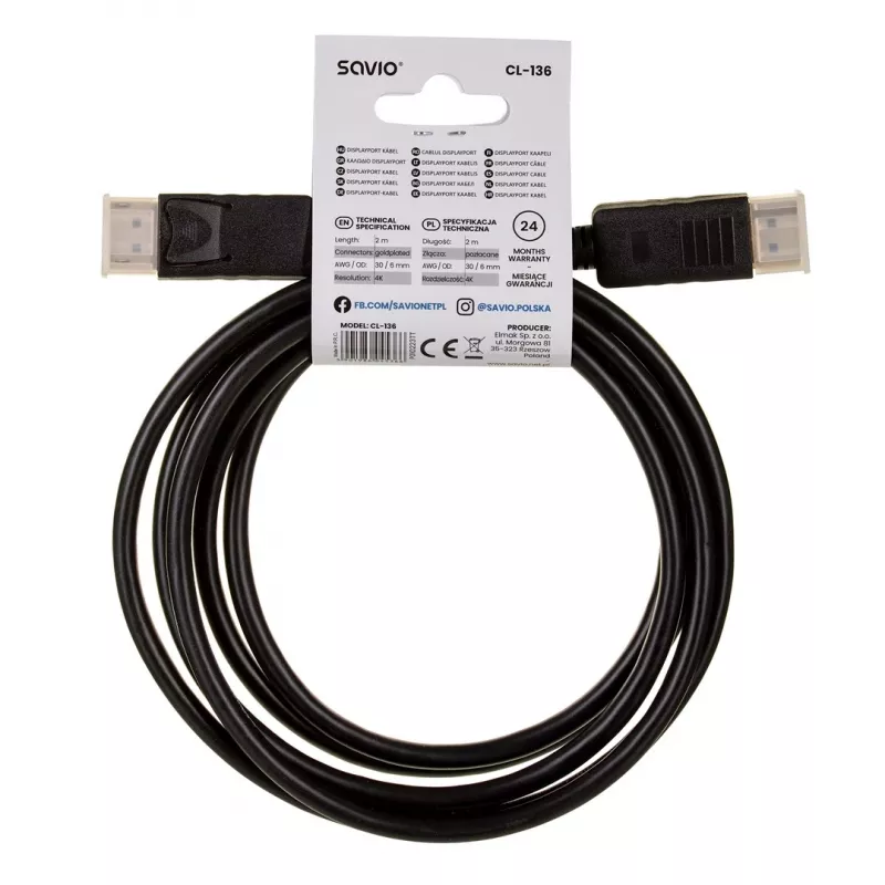 DisplayPort laidas SAVIO CL-136, DisplayPort kištukas–kištukas, 2 m, DP 1.2, auksiniai kontaktai, juodas