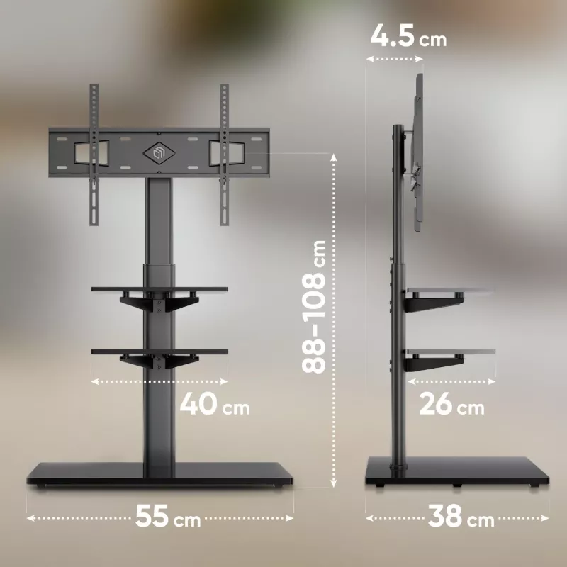 Ant grindų stovintis televizoriaus stovas ONKRON TS5550-B, skirtas 32–65 colių (81,3–165,1 cm), maksimali apkrova 30 kg, VESA 100x100–600x400, aukštis 880–1080 mm, pasukimas ±25°