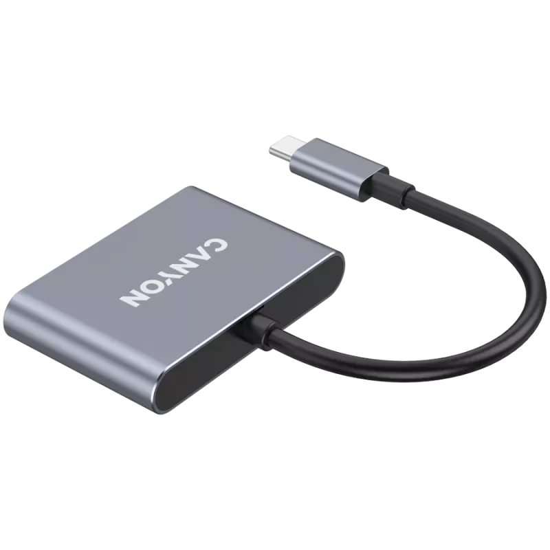 USB-C 3 viename šakotuvas CANYON DS-3 tamsiai pilkas — USB-C į USB-A + HDMI + PD pralaidumas