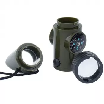 Daugiafunkcis išgyvenimo švilpukas Mil-Tec SP.22073 — 6 viename alyvuogių spalvos, kompasas, termometras, veidrodis, didinamasis stiklas, šviesa, 100×35×30 mm