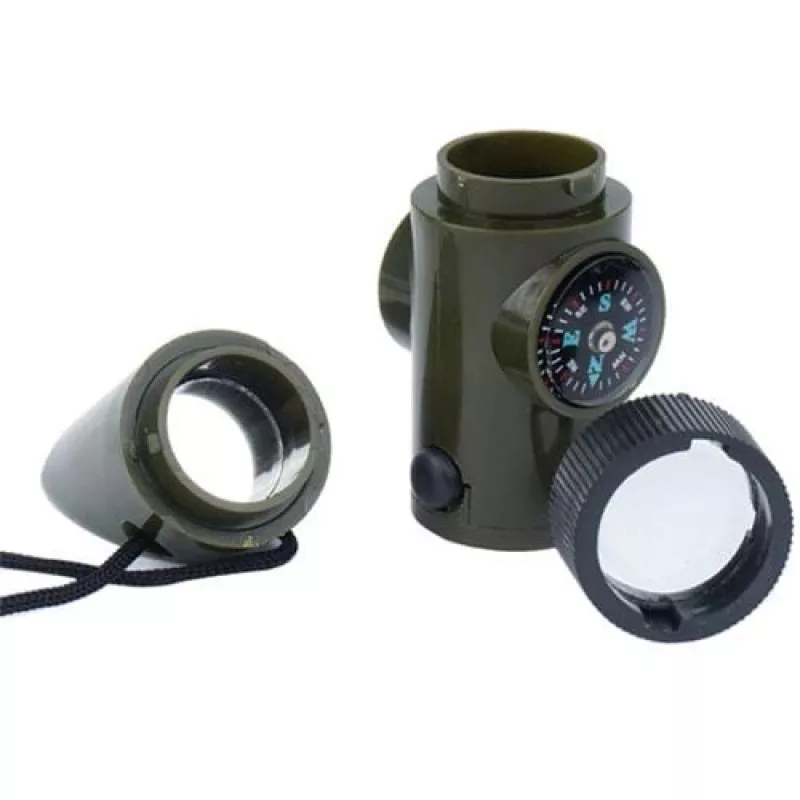 Daugiafunkcis išgyvenimo švilpukas Mil-Tec SP.22073 — 6 viename alyvuogių spalvos, kompasas, termometras, veidrodis, didinamasis stiklas, šviesa, 100×35×30 mm