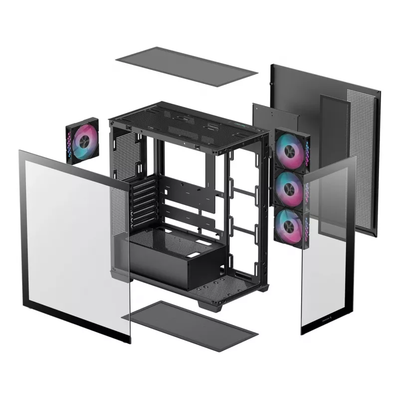 PC korpusas DeepCool CG580 4F Midi Tower — ATX/ITX/MicroATX, grūdintas stiklas, 3×120 mm + 1×120 mm ventiliatoriai, 2×3,5 col. ir 2×2,5 col., USB-A×2 USB-C×1, juodas