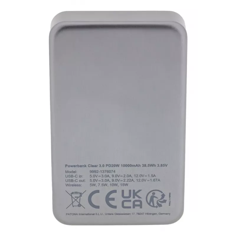 Nešiojama išorinė baterija PATONA 9992, 10000 mAh, LiPo 38,5 Wh, USB‑C PD 20 W, 2 išėjimai, 12 V/3 A įėjimas/išėjimas, juoda