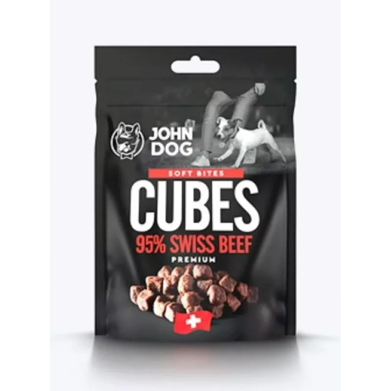 Šunų skanėstai john dog Soft Bites Cubes Beef 95% — 120 g, baltymų 56%, riebalų 22%, drėgmės 12%