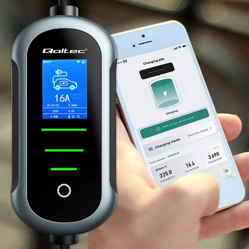 Elektrinio automobilio įkroviklis QOLTEC Mobile EV 2in1 Type2 11 kW 400 V Wi‑Fi TUYA SMART LIFE LCD nešiojama sieninė dėžutė 5 m laidas