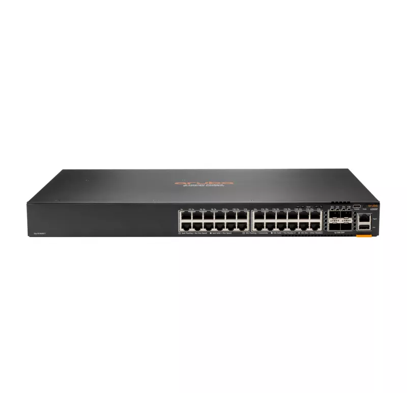 HPE - Aruba Series - Aruba 6300F - komutatorius - L3 - valdomas - 24 x 10/100/1000 + 4 x 1 Gigabitas / 10 Gigabitų / 25 Gigabitų / 50 Gigabitų SFP56 (jungtys / stack'inimas) priekyje ir šone