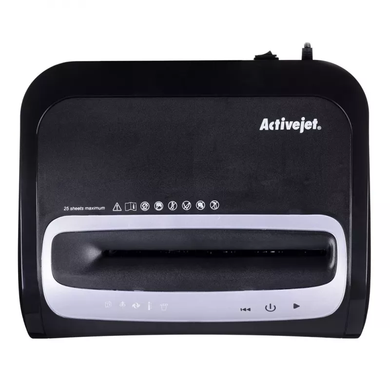 Dokumentų smulkintuvas ActiveJet ASH-2502C — kryžminis pjovimas P-4, 25 lapai, 4x40 mm, 28 L dėžė, 22,8 cm padavimo anga, 30 min darbo ciklas