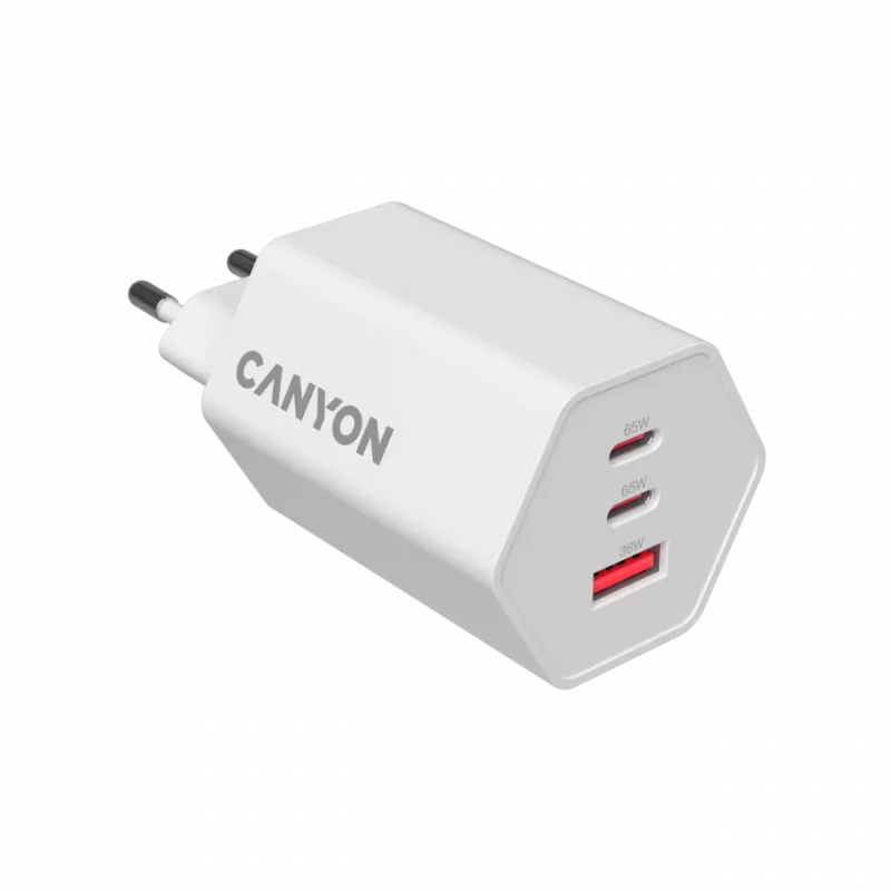 CANYON įkroviklis HEXAGON 65 GaN 65W 2xPD 1xQC EU baltas CND-CHAHEX65W