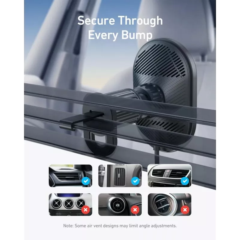 Belaidis magnetinis automobilinis įkroviklis Anker MagGo 15W — Magnetinis 15W Qi greitasis įkrovimas išmaniesiems telefonams, juodas