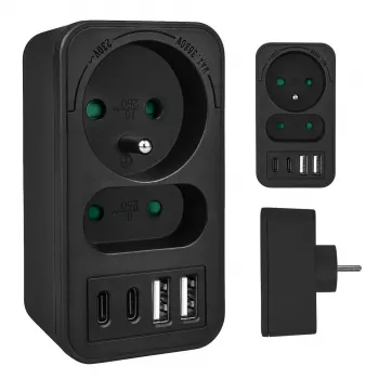 Maitinimo skirstytuvas MACLEAN MCE249 F/B — 2 kintamosios srovės lizdai (16A + 6A) su 2×USB-A ir 2×USB-C PD 20W, EU kištukas, juodas