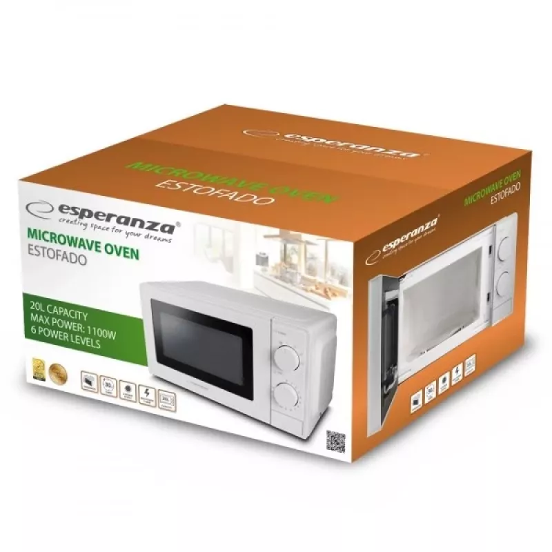 Solo mikrobangų krosnelė ESPERANZA ESTOFADO — 700 W, 20 l, 5 galios lygiai, 24,5 cm sukamoji lėkštė, balta